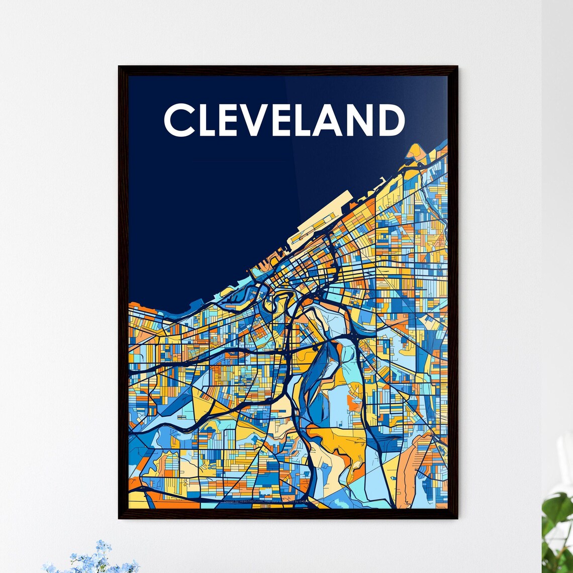 Cleveland Ohio Colorful Blue and Yellow Mosaic City Map Poster