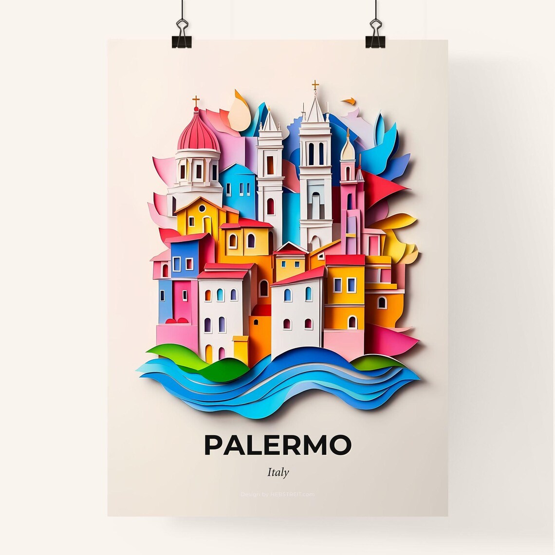 Palermo Italy Colorful Papercut Waterfront City Travel Poster - Image 4