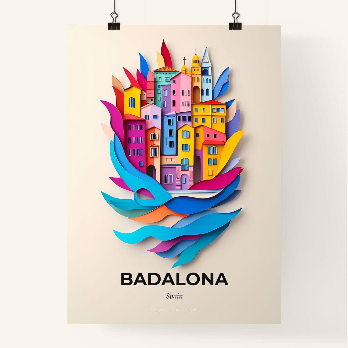 Badalona Spain Coastal City Church Spires Paper Cut Art Poster - Image 4