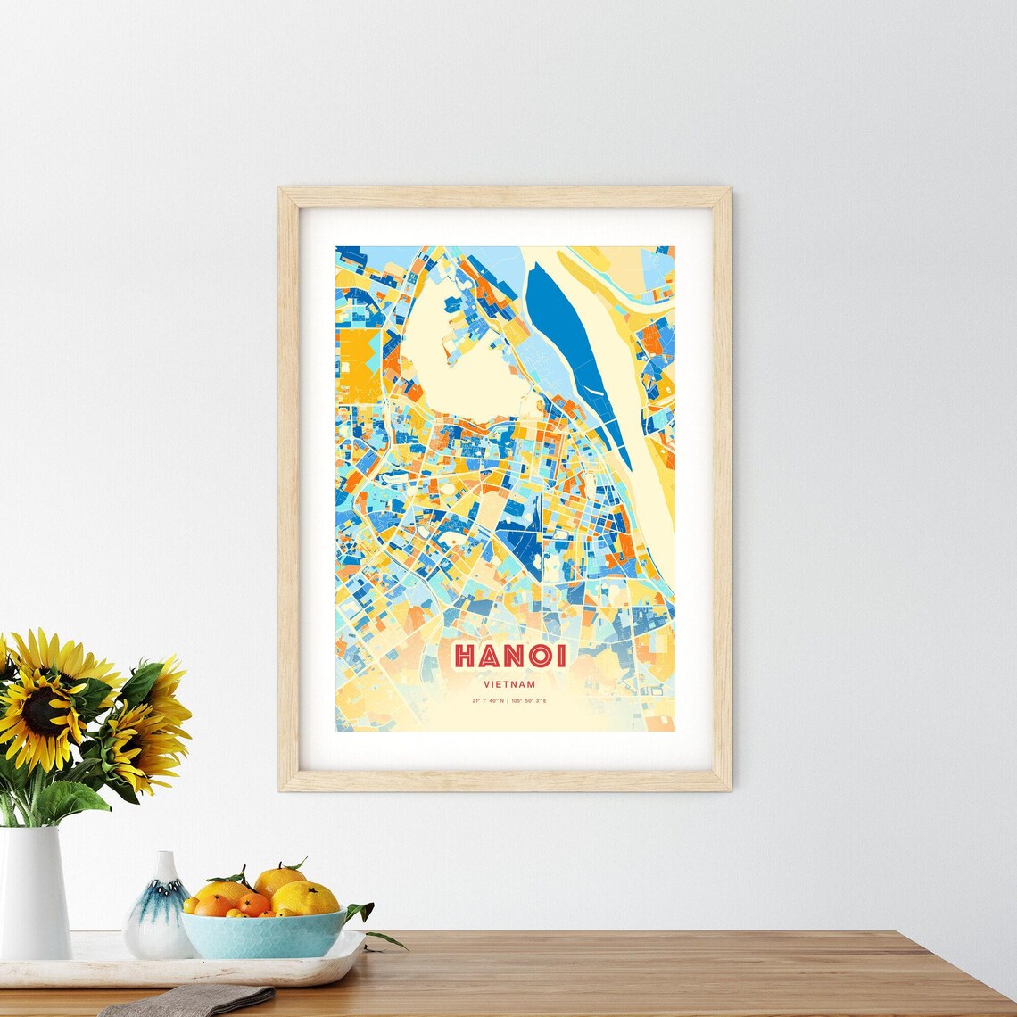 Hanoi Vietnam Colorful Blue Orange City Map Art Poster with Coordinates - Image 2