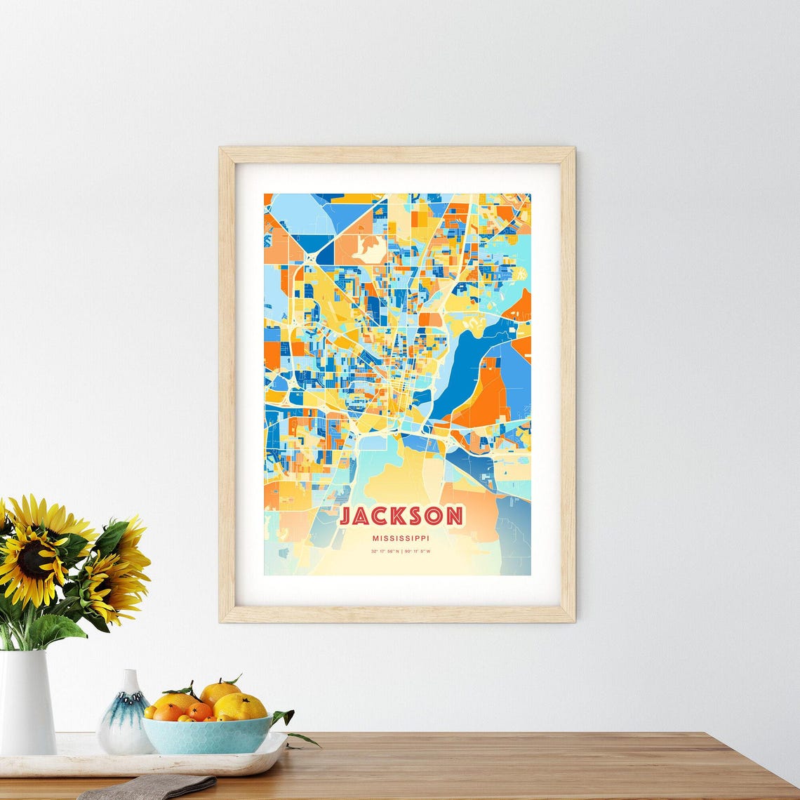 Jackson Mississippi Modern Geometric Blue Orange City Map Art Poster - Image 2