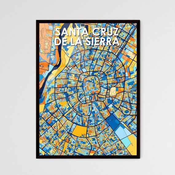 Santa Cruz de la Sierra Bolivia Bold City Map Art Poster in Navy Orange and Yellow