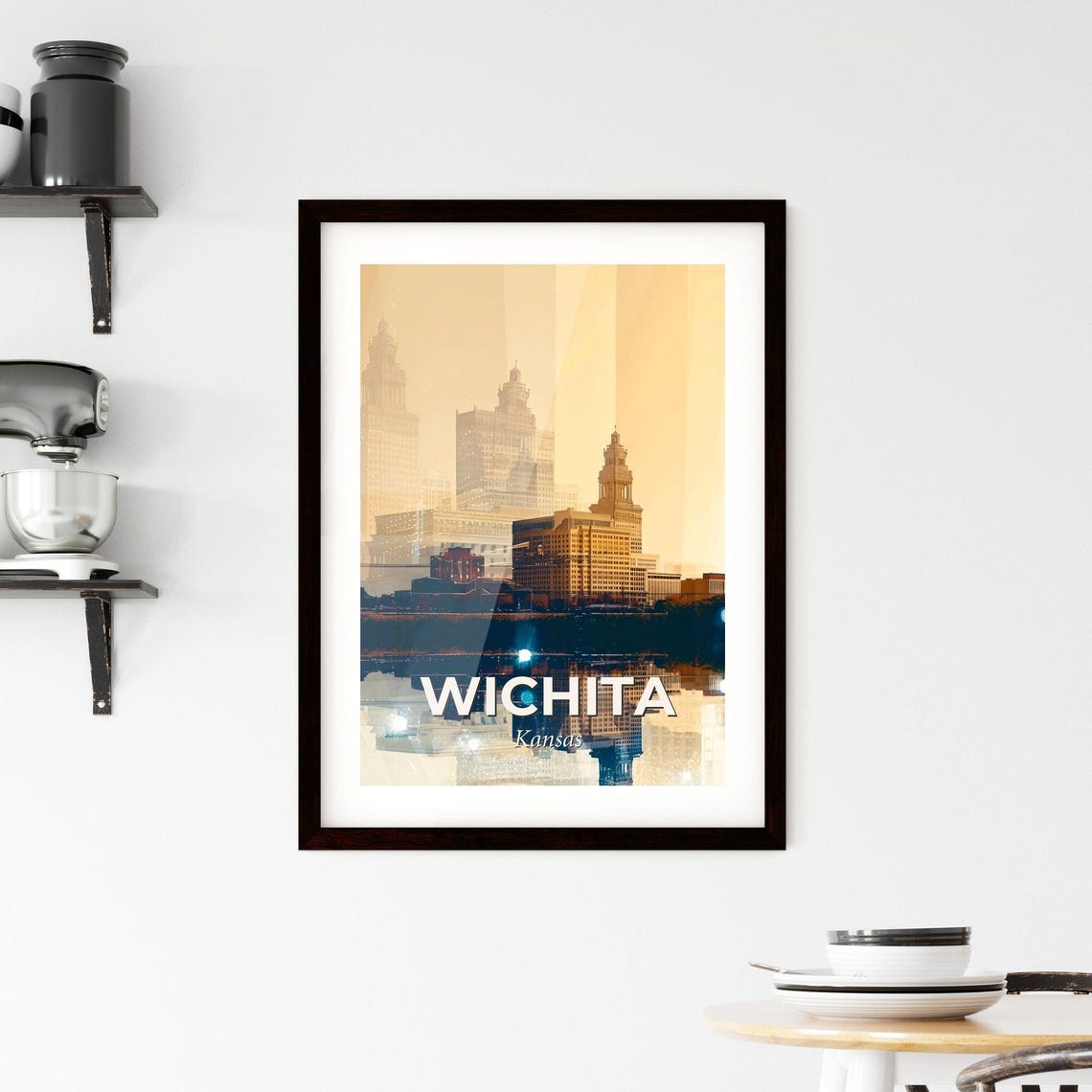 Wichita Kansas Golden Sepia Skyline River Reflection Art Poster - Image 2