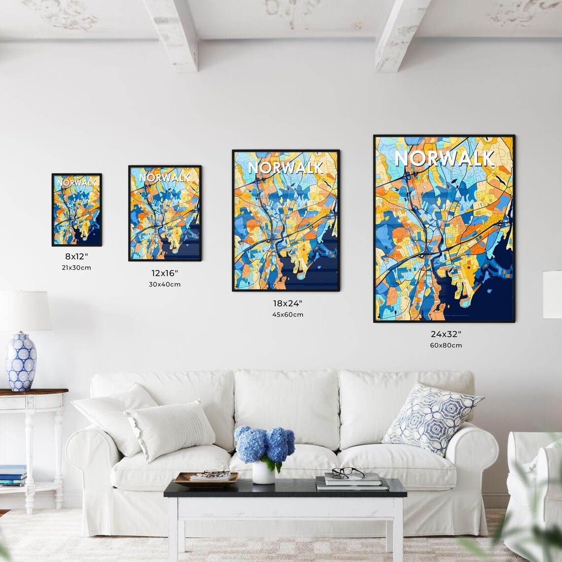 Norwalk Connecticut Stylish Vibrant Blue and Orange Mosaic City Map Poster - Image 3