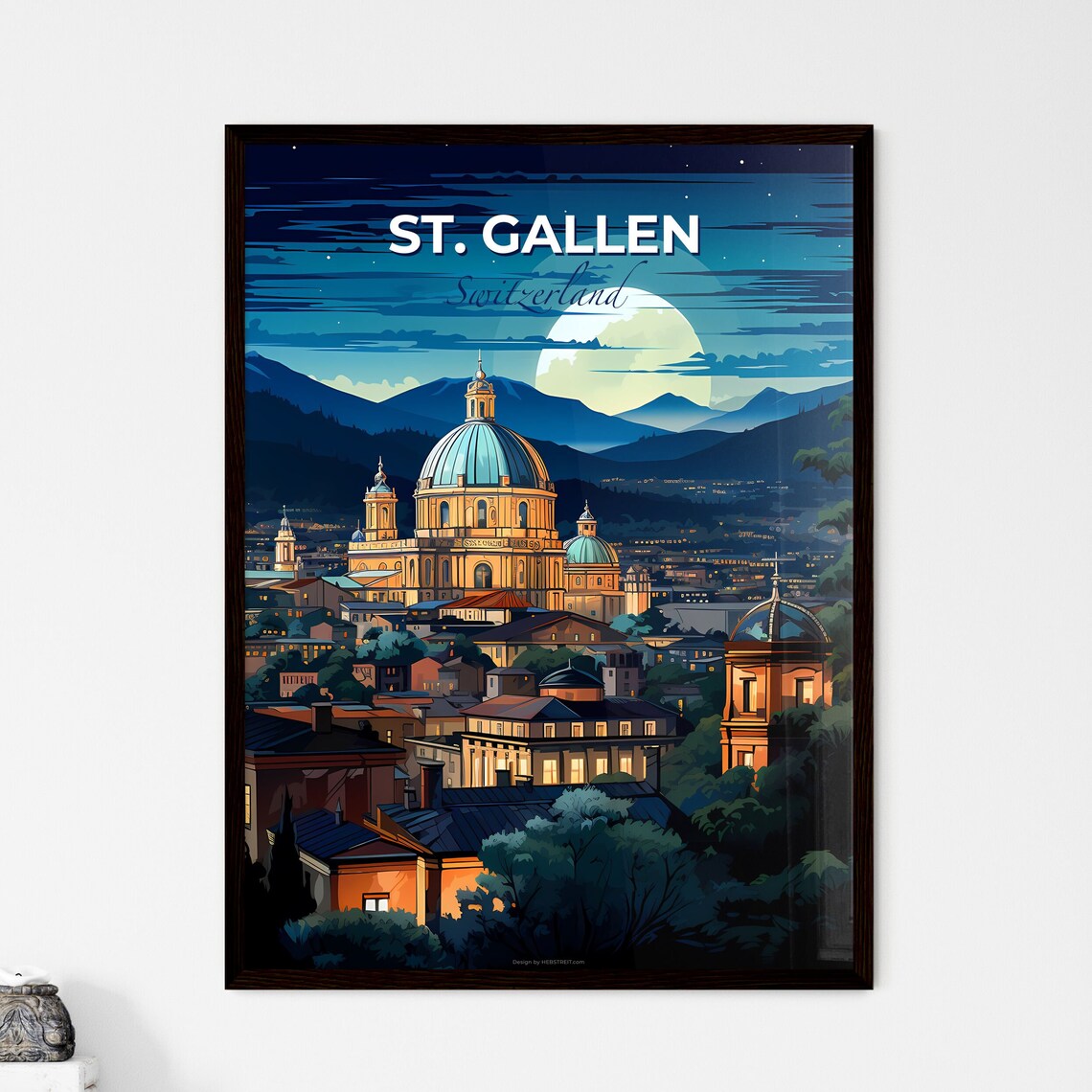 St. Gallen Switzerland Moonlit Cathedral Night Travel Poster Art