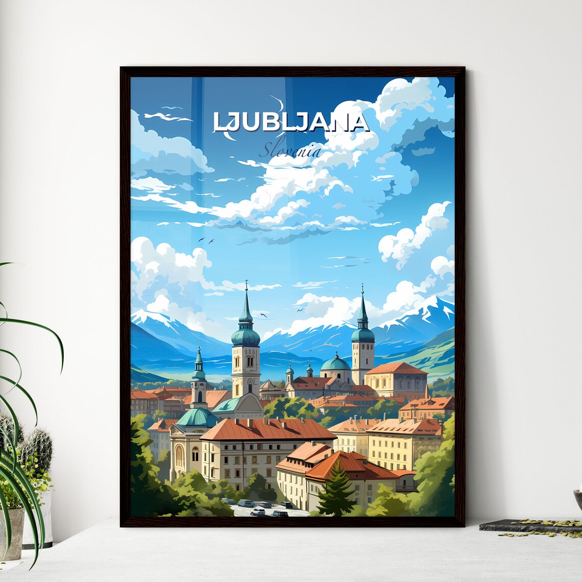 Ljubljana Slovenia Cathedral Spires Alpine Mountains Travel Art Poster