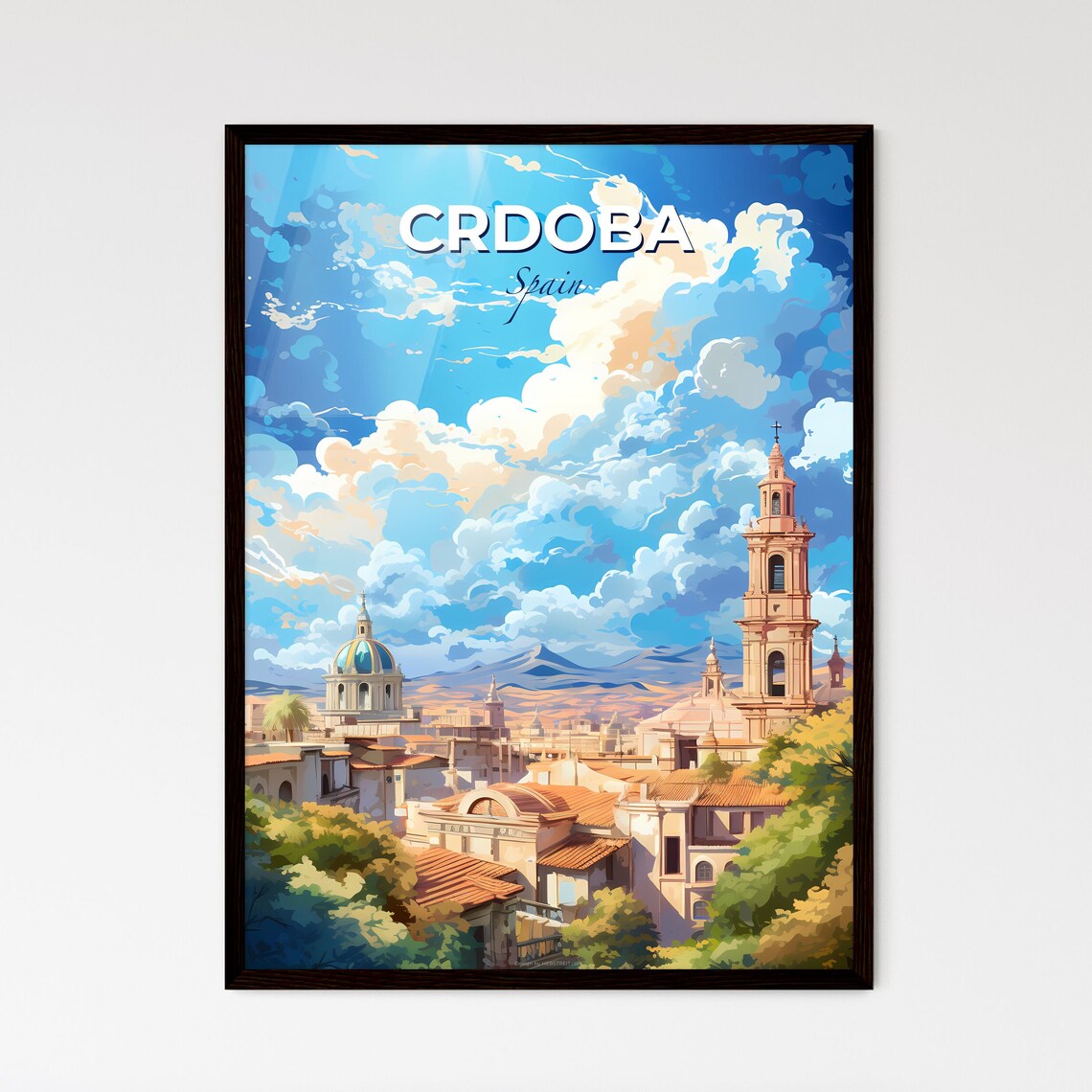 Cordoba Spain Skyline Church Towers Terracotta Rooftops Travel Poster