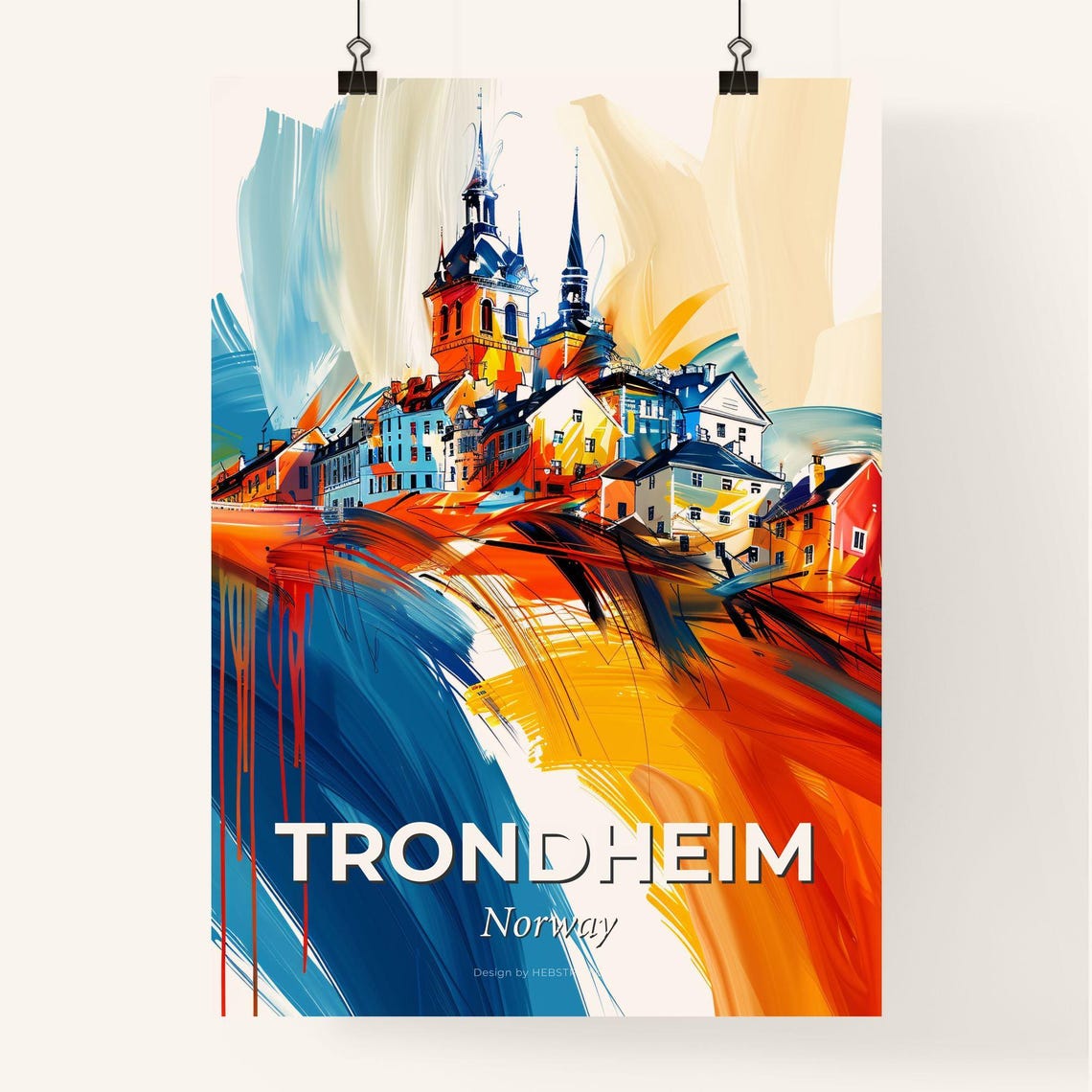 Trondheim Norway Colorful Abstract Hillside Town Skyline Poster - Image 4