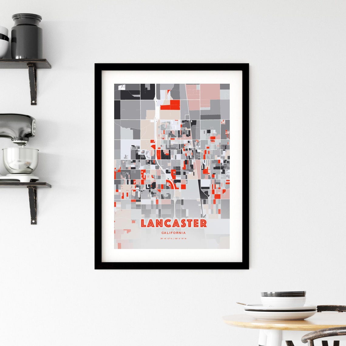 Lancaster California Modern Map Art Poster Red Gray Minimalist Style - Image 2
