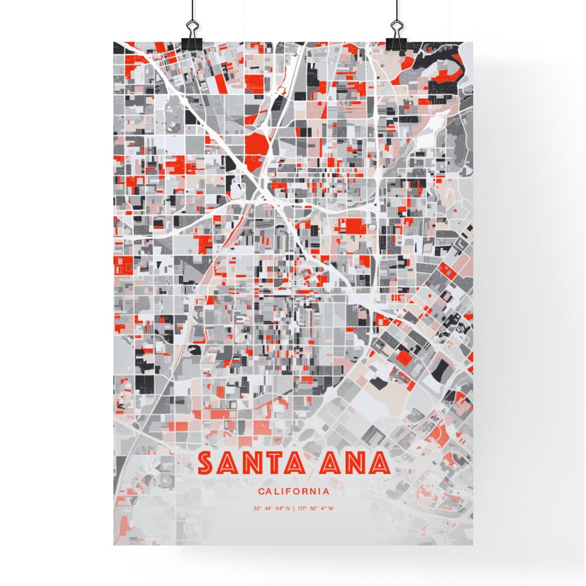 Santa Ana California Bold Red and Gray Modern Abstract City Map Poster - Image 3