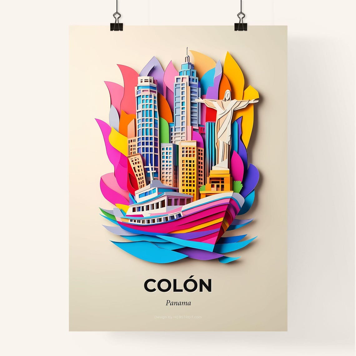 Vivid Coln Panama A Paper Cut Of A City With A Statue Fine Art Print Customizable - Image 4