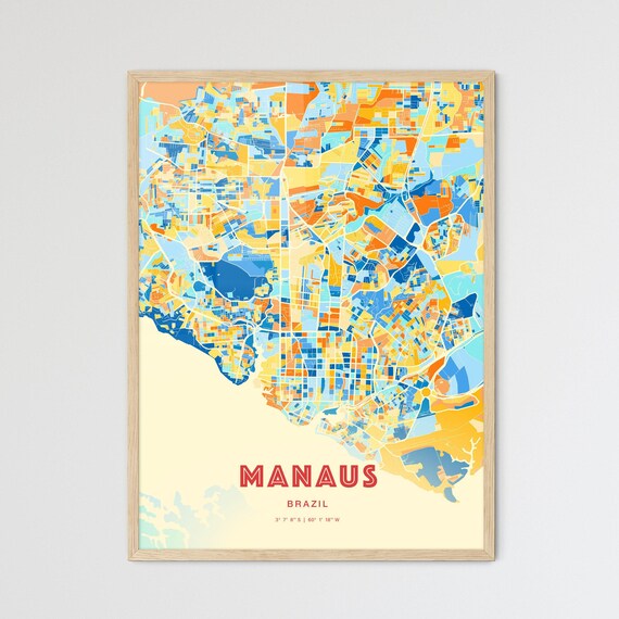 Manaus Brazil Bold Vibrant Blue Orange Mosaic City Map Poster