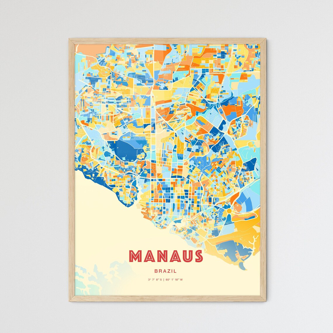 Manaus Brazil Bold Vibrant Blue Orange Mosaic City Map Poster