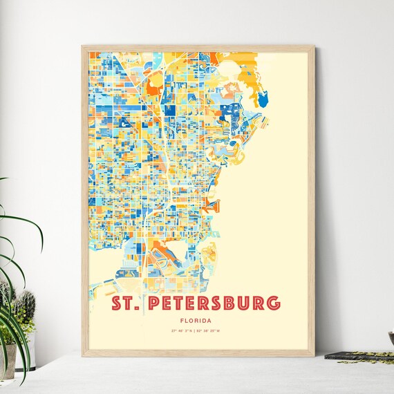 St. Petersburg Florida Colorful Blue Orange Abstract City Map Art Poster