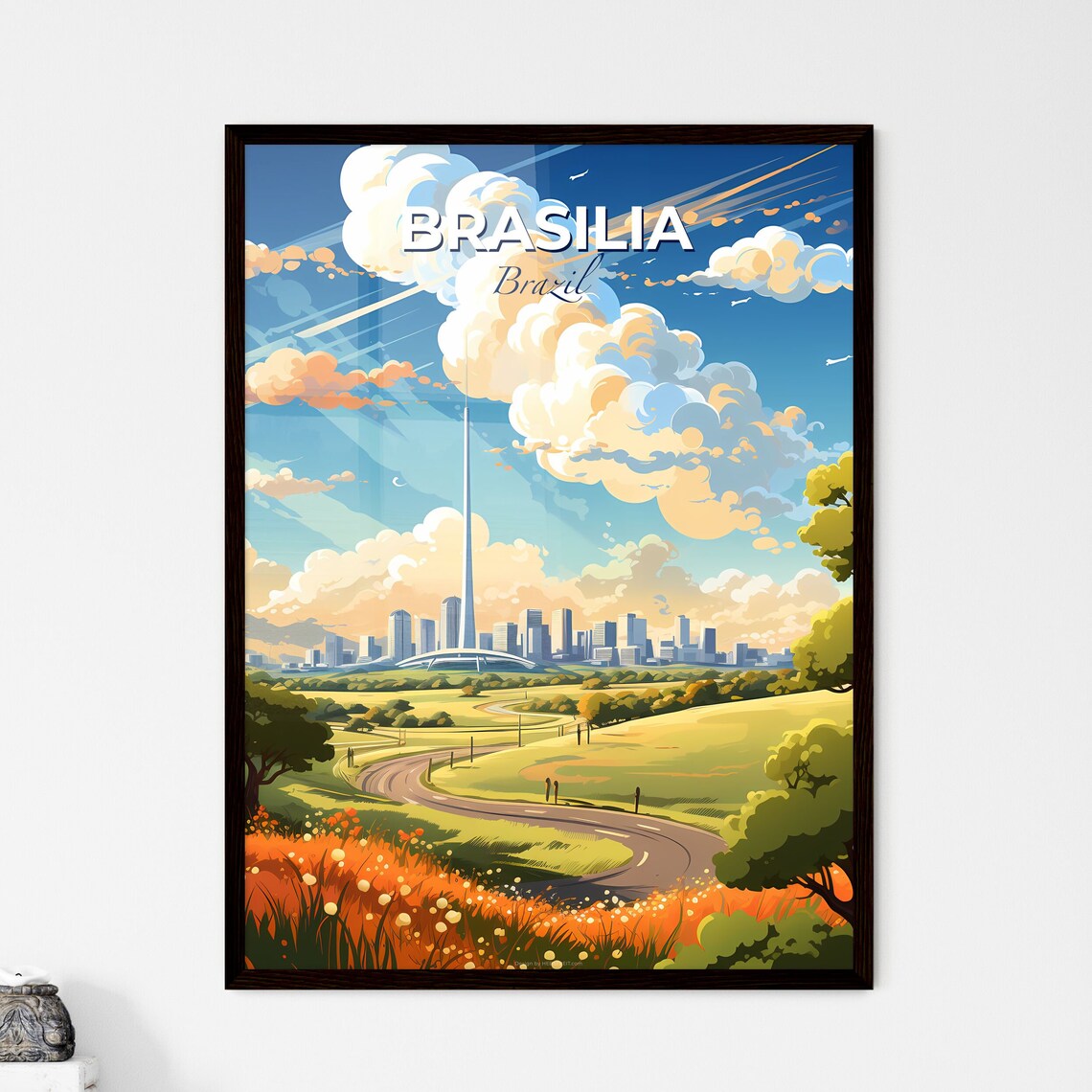 Brasilia Brazil Modernist Skyline and Wildflower Road Poster
