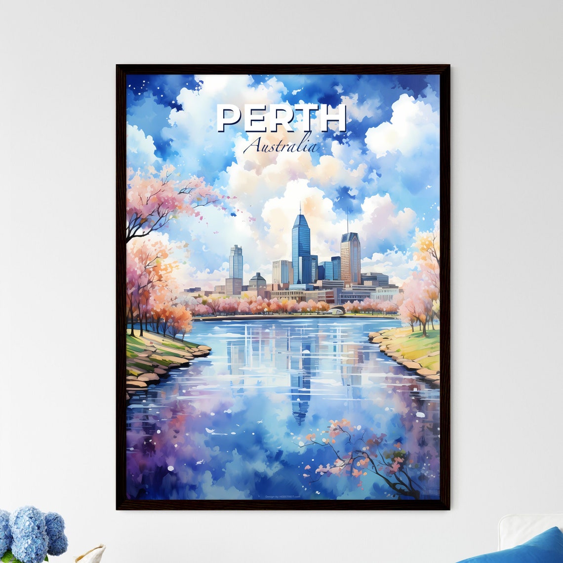 Perth Australia Skyline Water Blossom Reflection Travel Poster