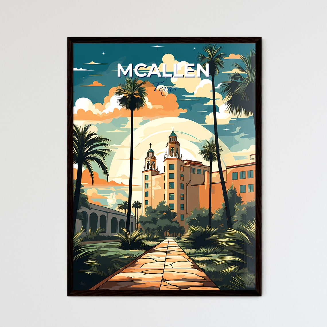 McAllen Texas Spanish Colonial Tower Palm Walkway Sunset Poster