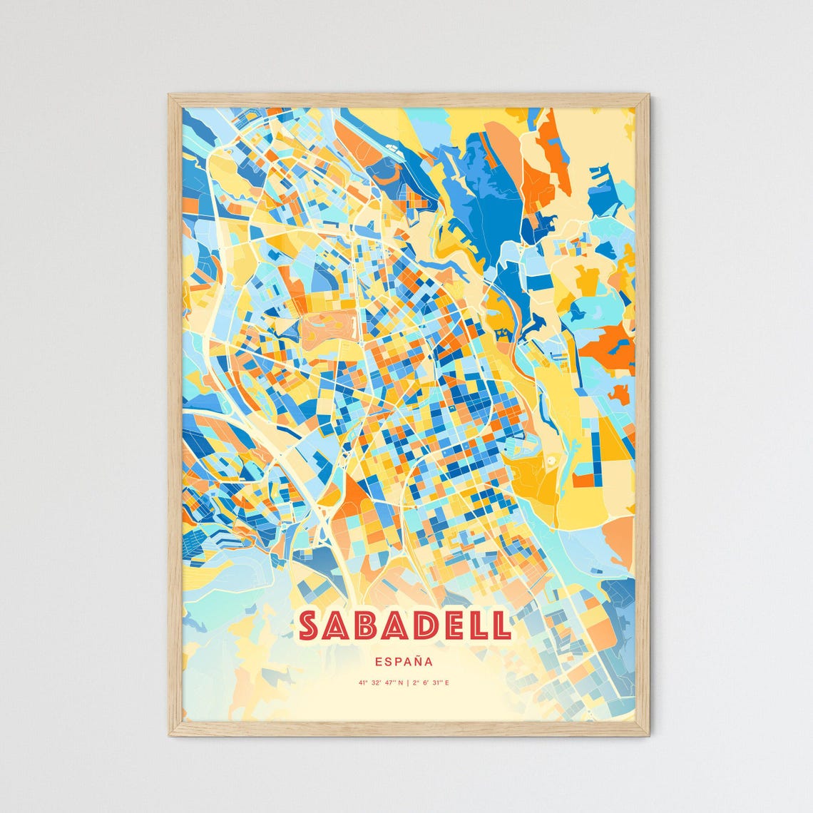 Sabadell Spain Colorful Blue Orange City Map Retro Art Print