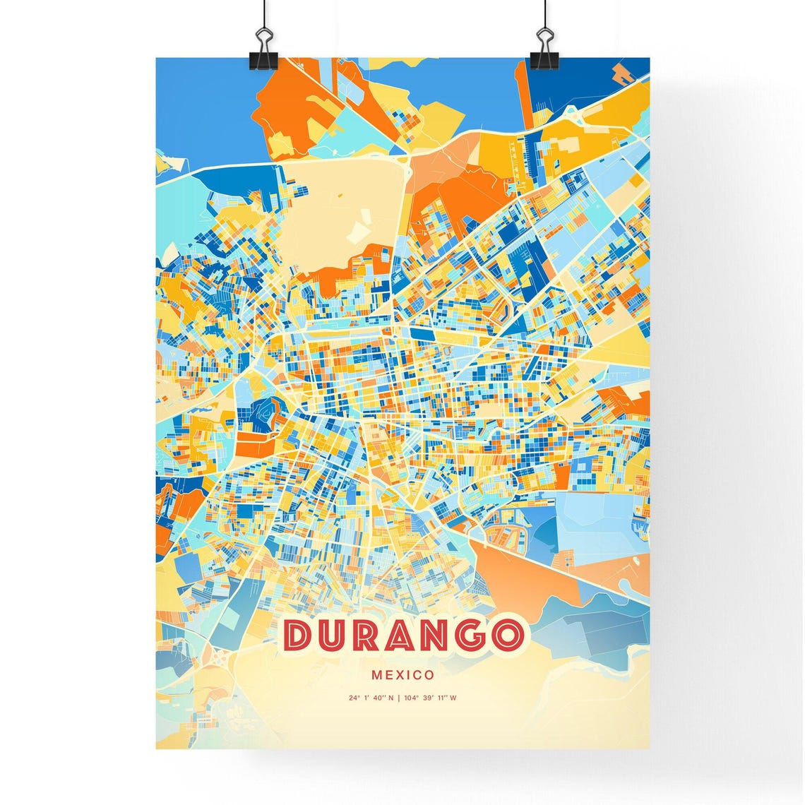 Durango Mexico Colorful Blue and Orange Retro City Street Map Wall Art