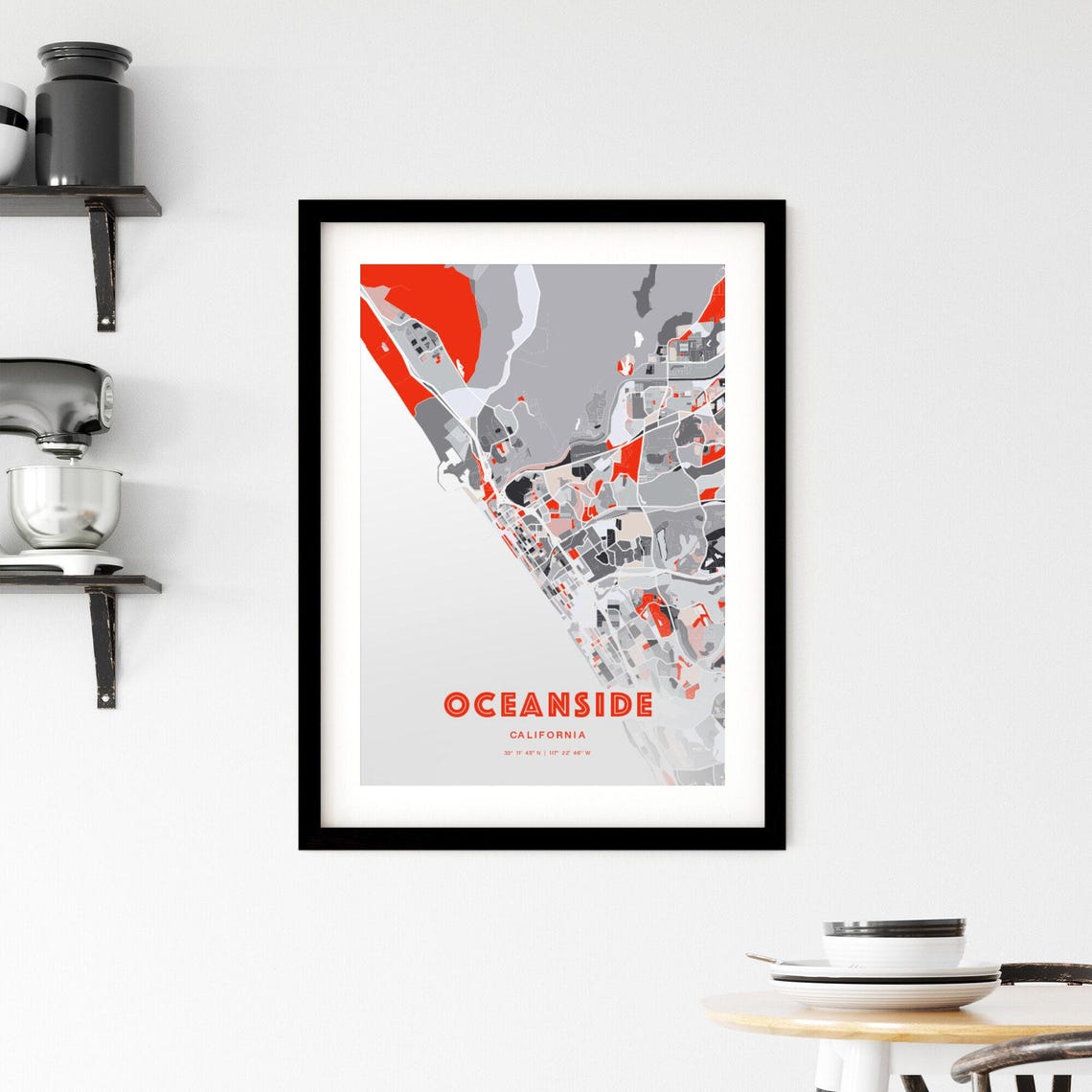 Oceanside California Expressive Red Abstract City Map Art Poster - Image 2