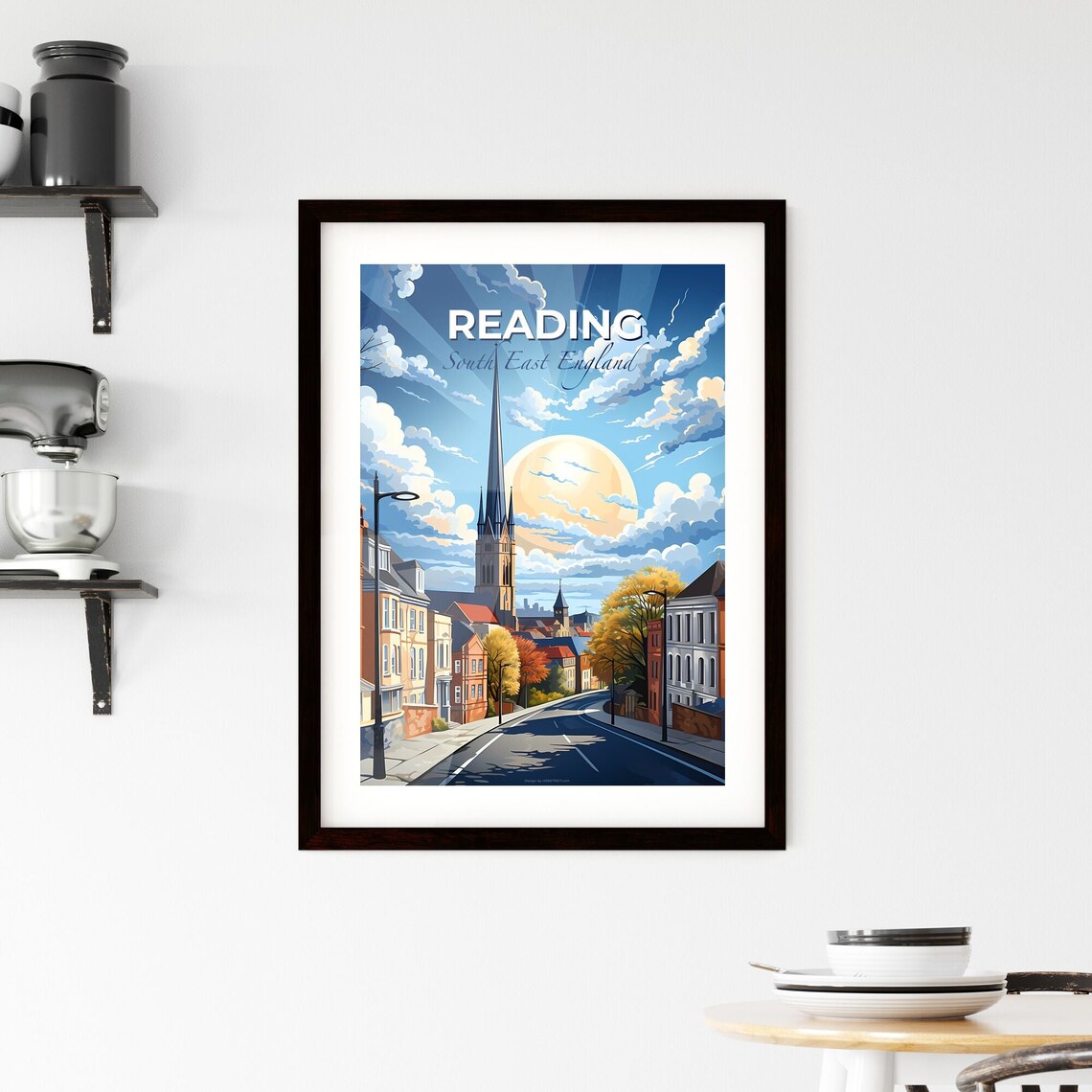 Reading England Church Spire Street Sunset Vintage Travel Poster - Image 2