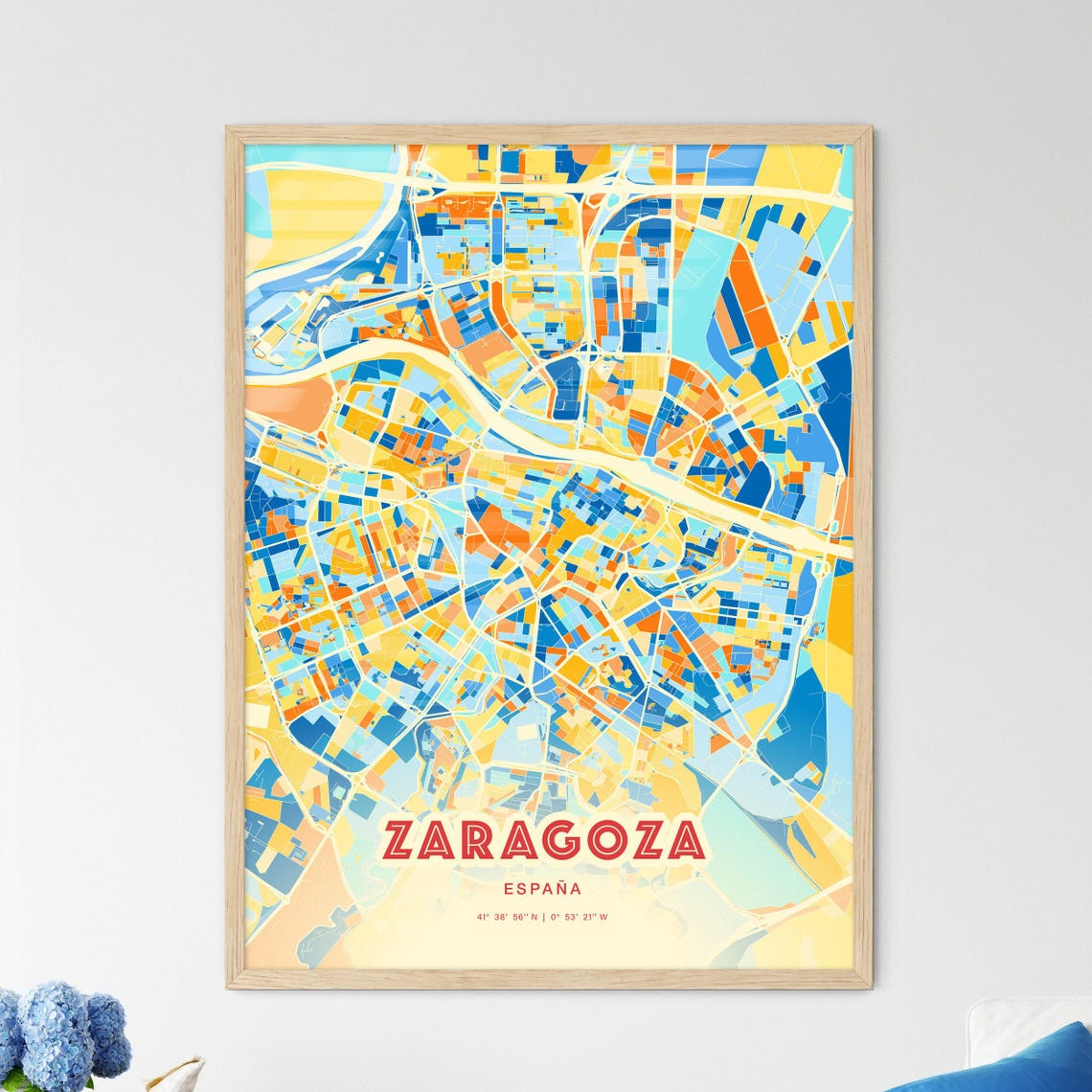 Zaragoza Spain Bold City Map Art Poster in Orange Blue and Cream