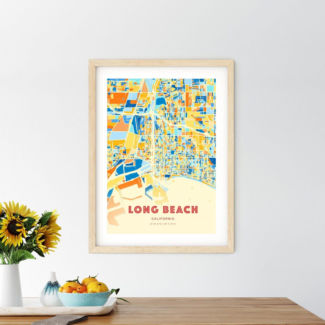 Long Beach California Colorful Blue Orange City Map Art Poster Decor - Image 2