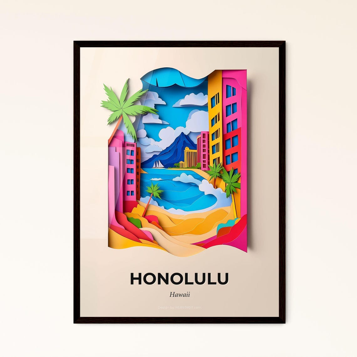 Honolulu Hawaii Beach Palms And Volcano Paper Cut Travel Poster