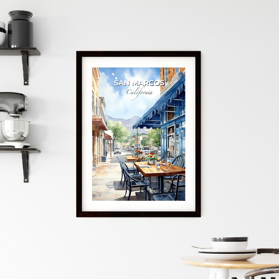 San Marcos California Watercolor Sidewalk Cafe Street Scene Poster - Image 2