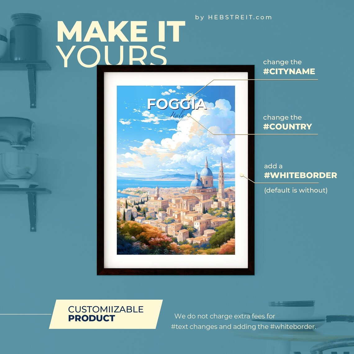 Foggia Italy Poster Illustrated Coastal City Blue Dome Travel Skyline Art - Image 2