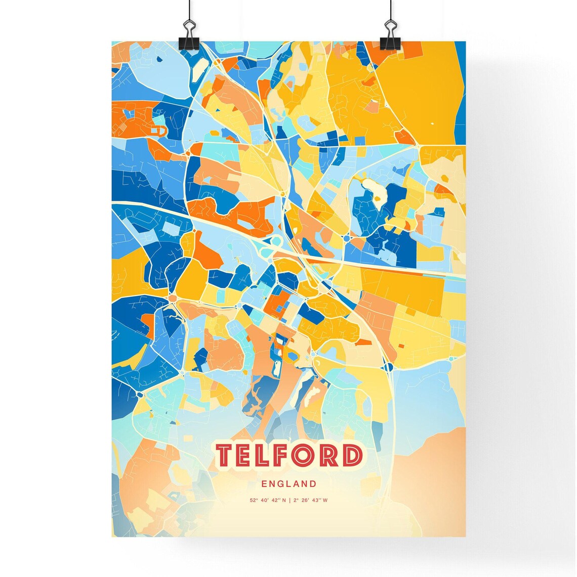 Telford England Colorful Blue Orange Modern City Street Map Poster - Image 3
