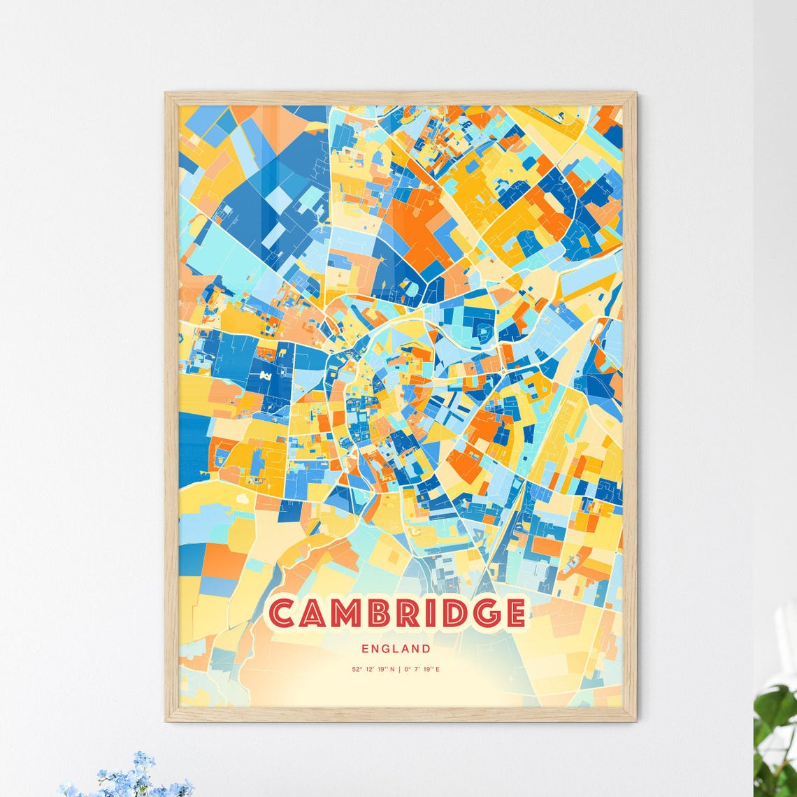 Cambridge England Vibrant Blue Orange Mosaic City Map Poster