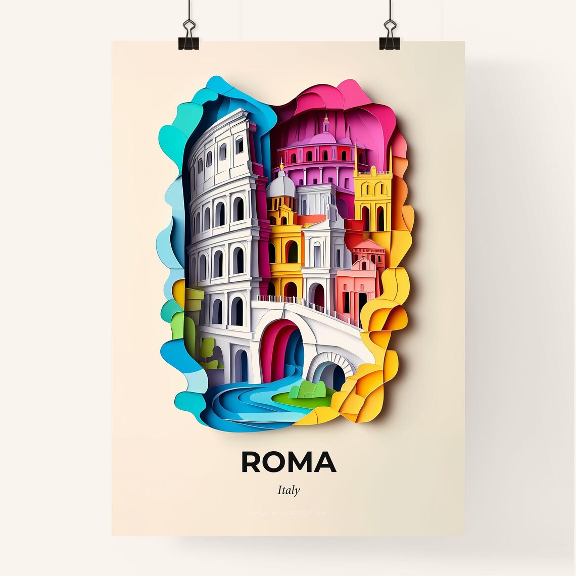 Roma Italy Colorful Paper Cut Colosseum Landmark Travel Poster - Image 4