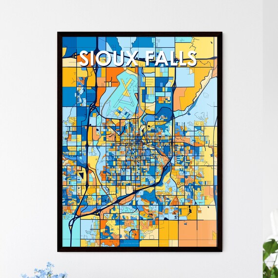 Sioux Falls City Map Art Print With Bold Blue Orange And Yellow Streets