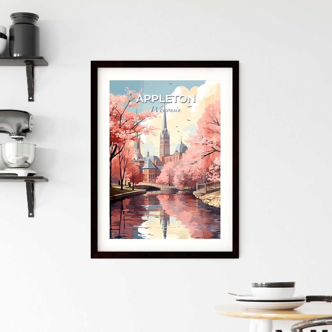 Appleton Wisconsin Cherry Blossom River Church Spires Art Poster - Image 2