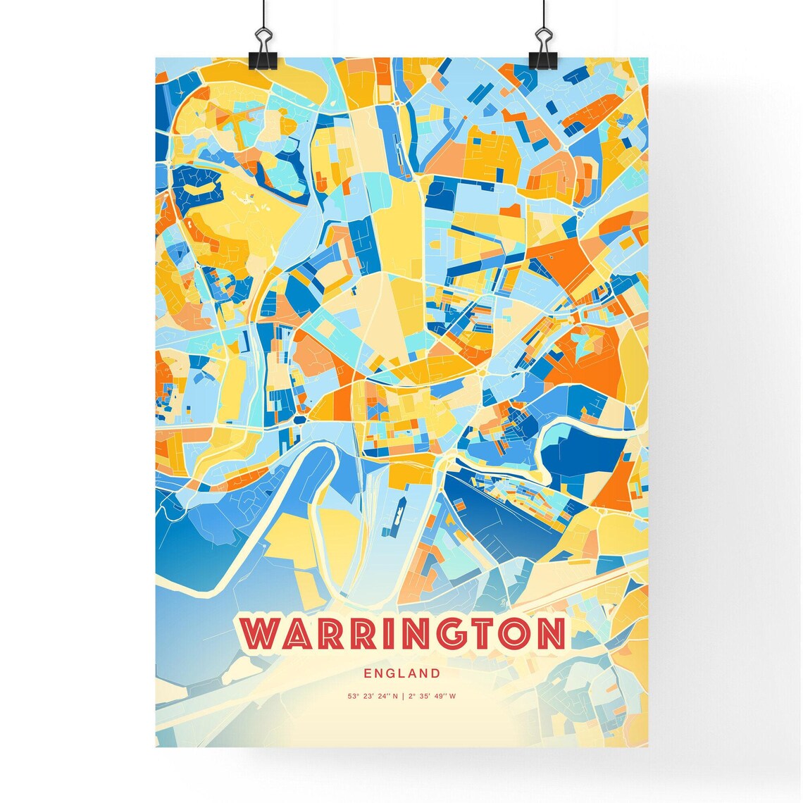 Warrington England Colorful Blue Orange City Street Map Art Poster - Image 3