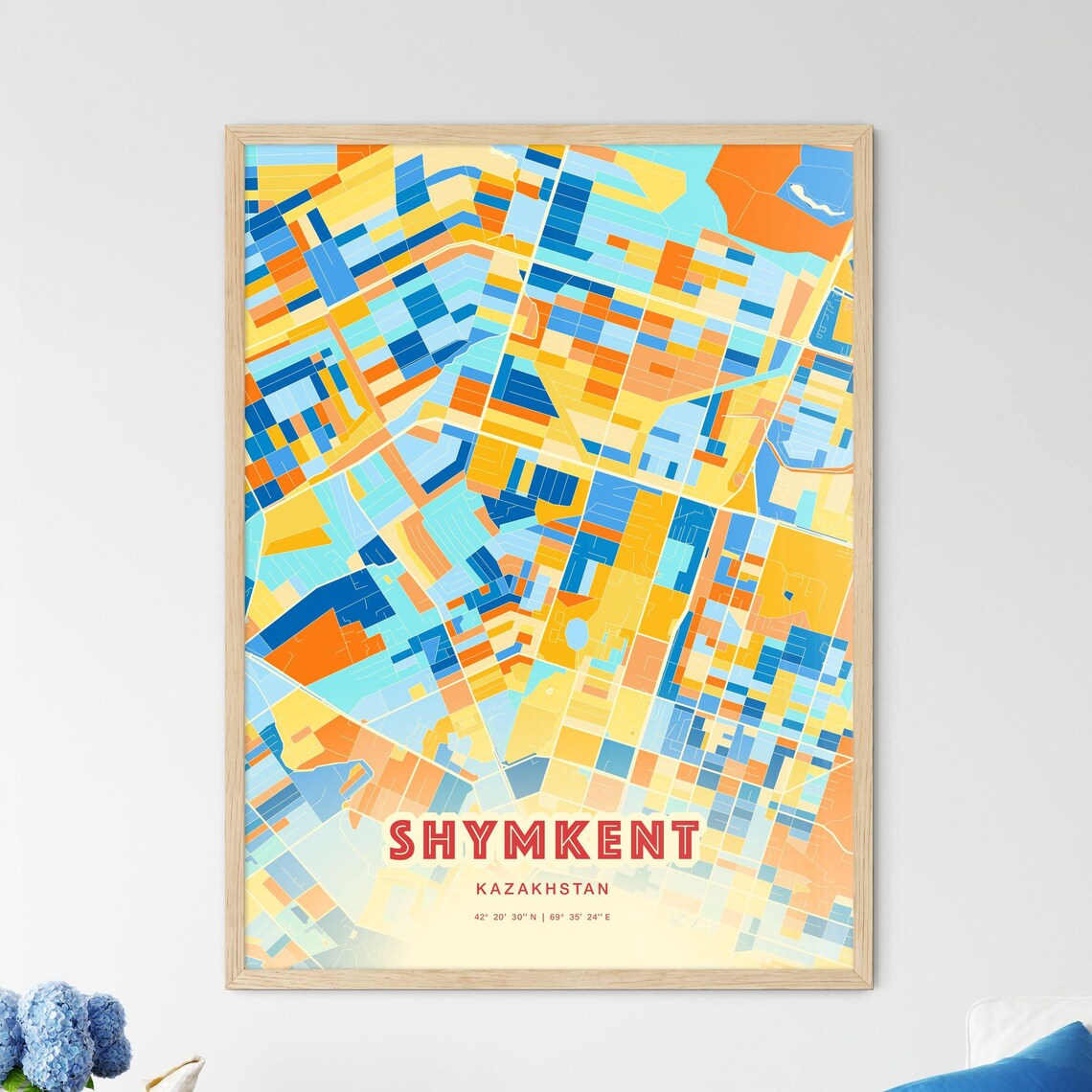 Shymkent Kazakhstan Blue Orange Colorful City Map Art Poster With Coordinates