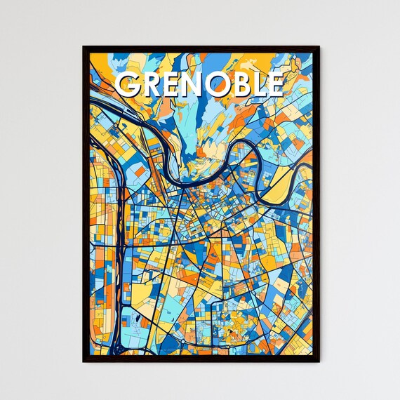 Grenoble France Colorful Geometric City Map Art Poster in Blue and Orange