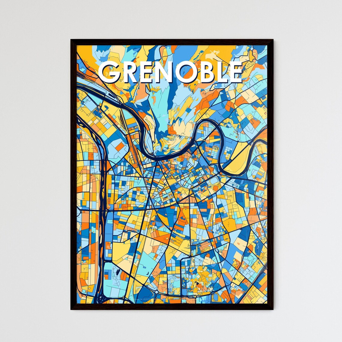Grenoble France Colorful Geometric City Map Art Poster in Blue and Orange