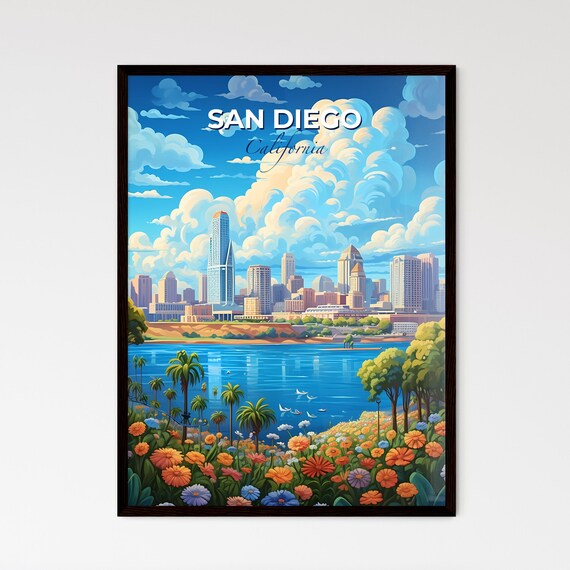 San Diego California Travel Poster Harbor Skyline Palm Flowers Illustration