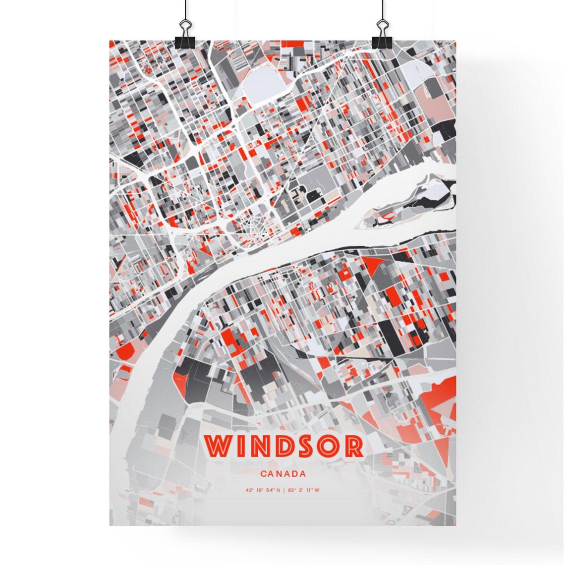 Windsor Canada Modern Red Expressive City Map Poster with Coordinates - Image 3