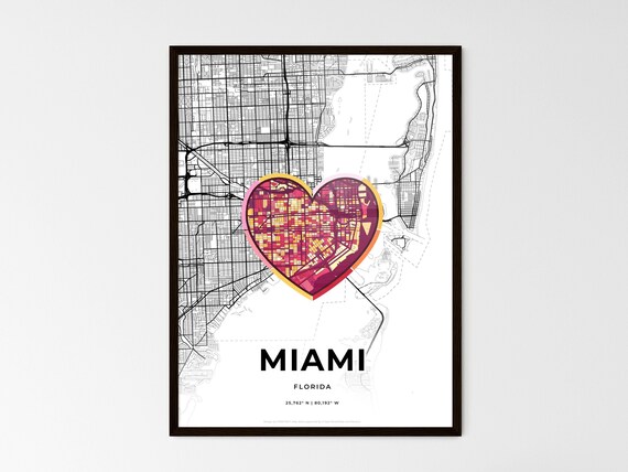 Miami Florida Minimal Map Art With Colorful Heart Icon Poster