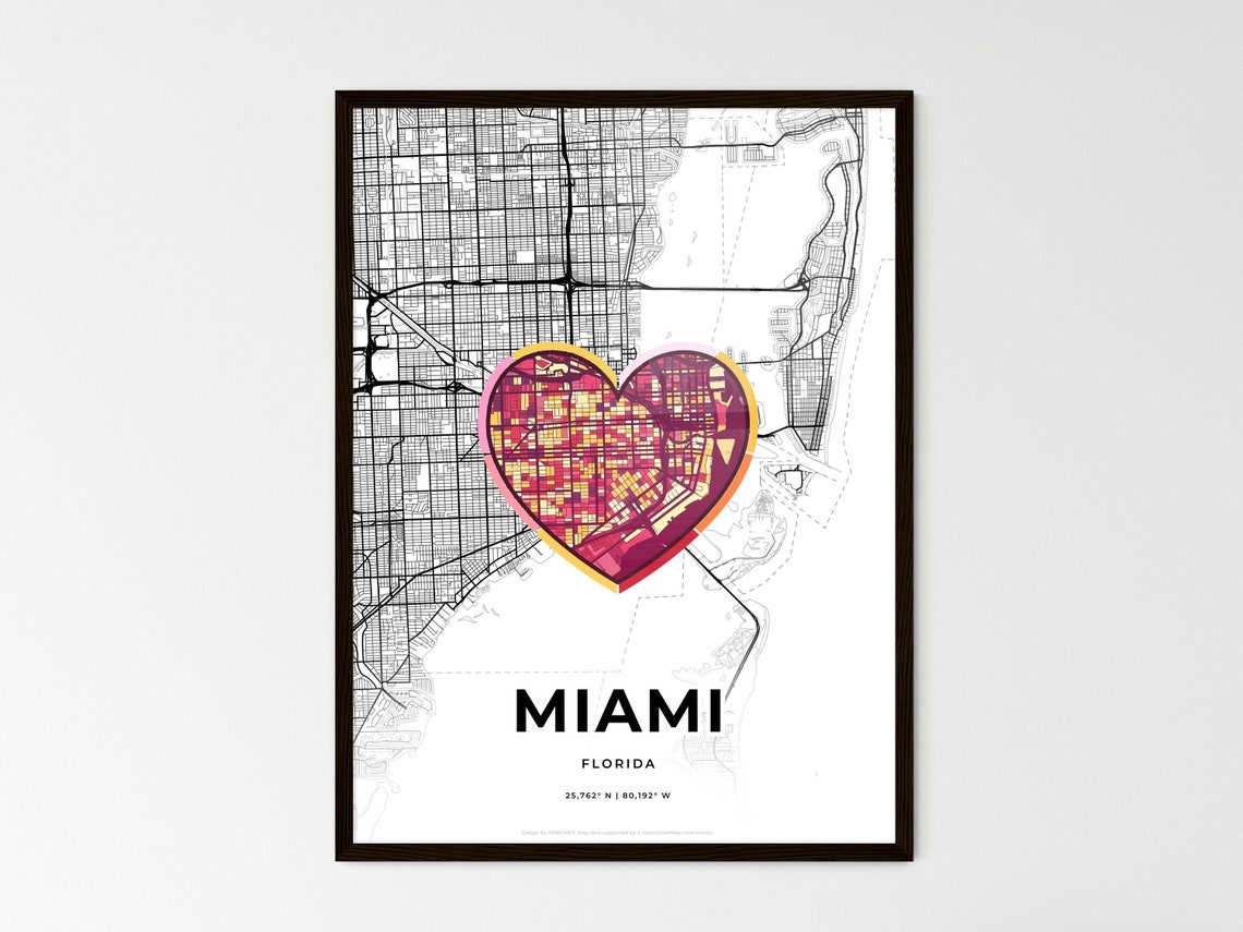 Miami Florida Minimal Map Art With Colorful Heart Icon Poster