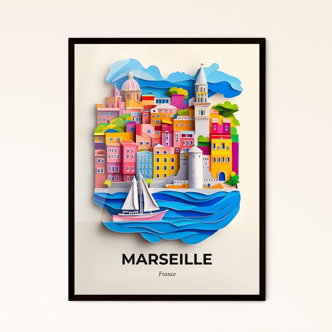 Marseille France Colorful Paper Cut Harbor Sailboat Travel Poster