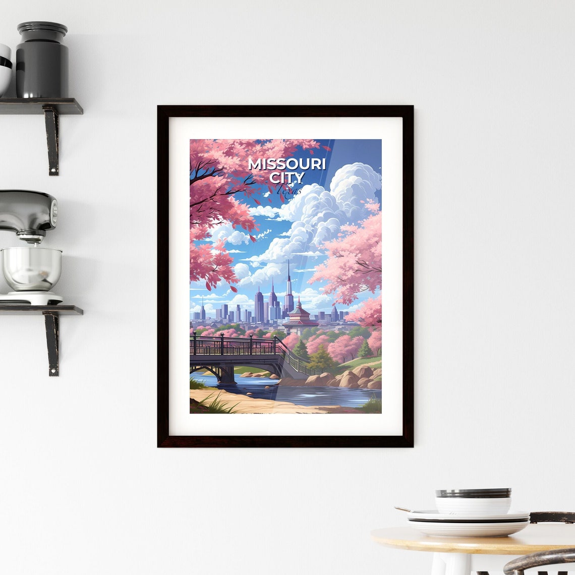 Missouri City Texas Cherry Blossom Bridge Skyline Travel Poster - Image 2