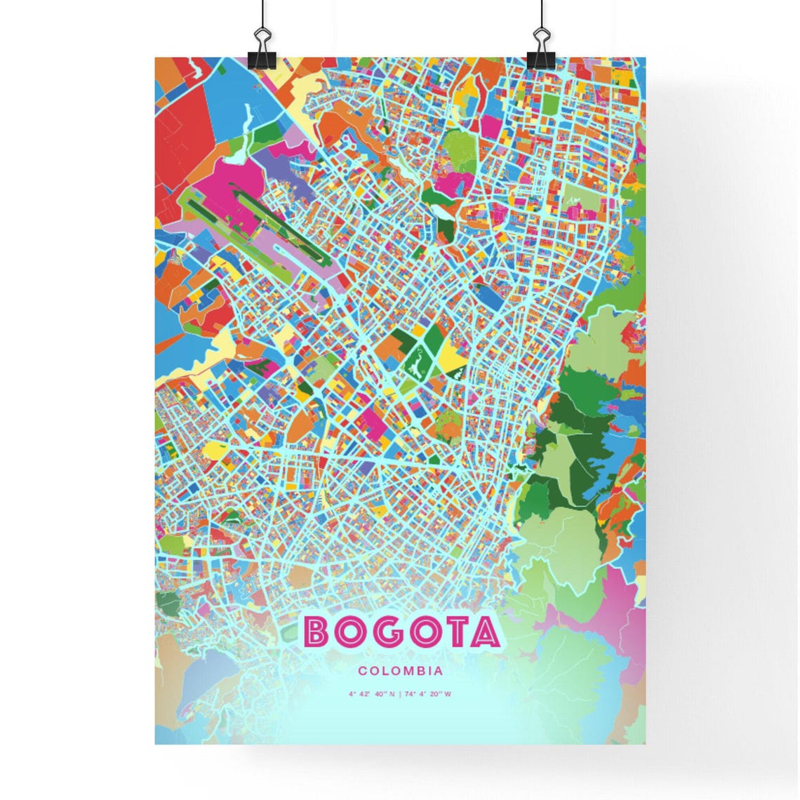 Bogota Colombia Vibrant Crazy Colorful Mosaic City Map Poster - Image 3