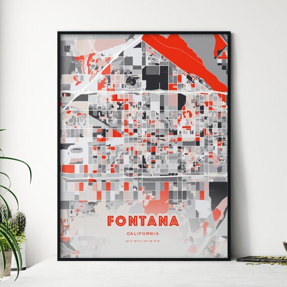 Fontana California City Map Art Modern Red Gray Decor Poster