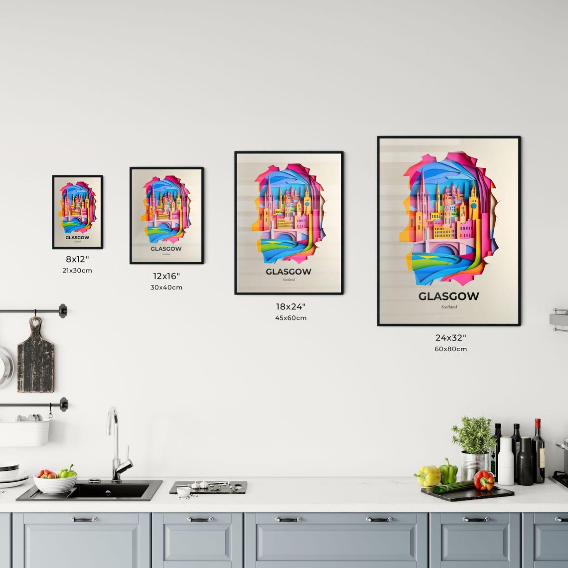 Glasgow Scotland Clock Tower River Bridge Paper Cut Travel Poster - Image 3