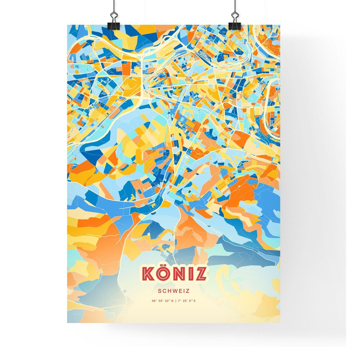 Koniz Switzerland Colorful City Map Poster Blue Orange Artistic Wall Decor - Image 3