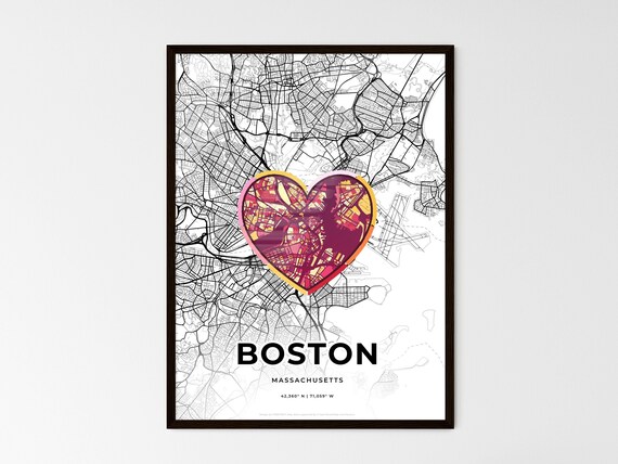 Boston Massachusetts Minimal Map Art With Colorful Heart Icon Poster